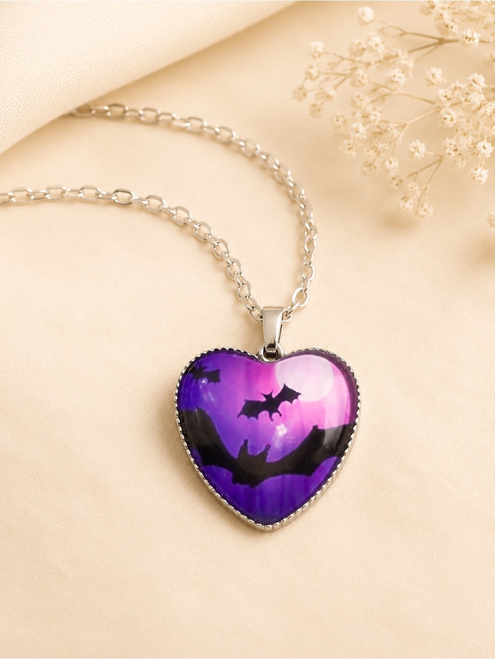 Purple Pink Bat Heart Necklace Halloween Glass Dome Pendant 22” Gothic Moon